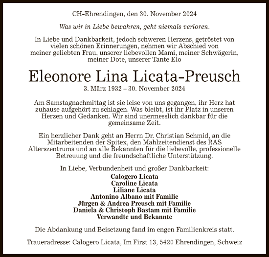 Anzeige von Eleonore  Licata-Preusch von Reutlinger General-Anzeiger