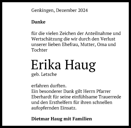 Anzeige von Erika Haug von Reutlinger General-Anzeiger