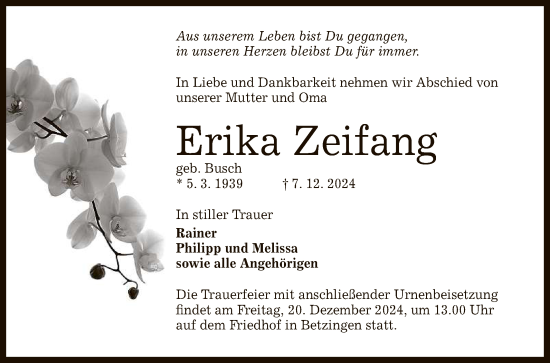 Anzeige von Erika Zeifang von Reutlinger General-Anzeiger