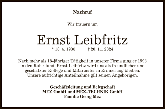 Anzeige von Ernst Leibfritz von Reutlinger General-Anzeiger