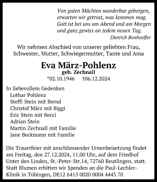 Anzeige von Eva März-Pohlenz von Reutlinger General-Anzeiger