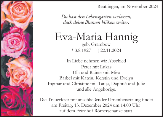 Anzeige von Eva-Maria Hannig von Reutlinger General-Anzeiger