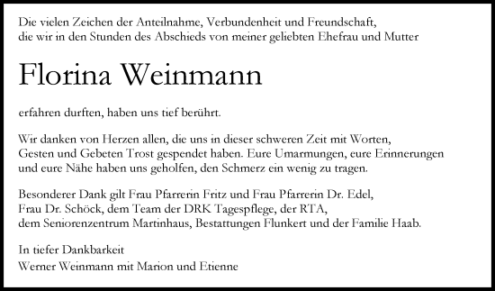 Anzeige von Florina Weinmann von Reutlinger General-Anzeiger