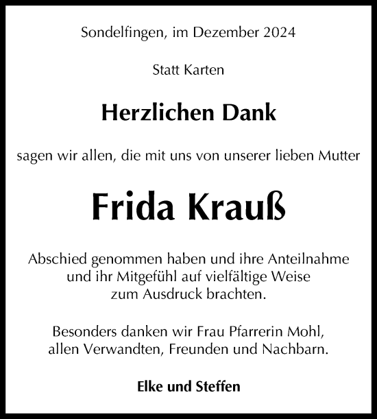 Anzeige von Frida Krauß von Reutlinger General-Anzeiger