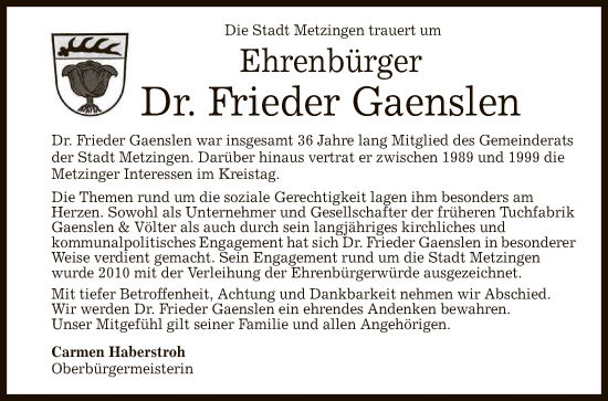 Anzeige von Frieder Gaenslen von Reutlinger General-Anzeiger