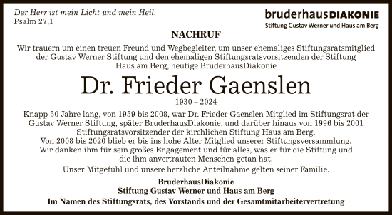 Anzeige von Frieder Gaenslen von Reutlinger General-Anzeiger