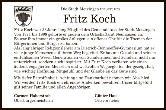Anzeige von Fritz Koch von Reutlinger General-Anzeiger