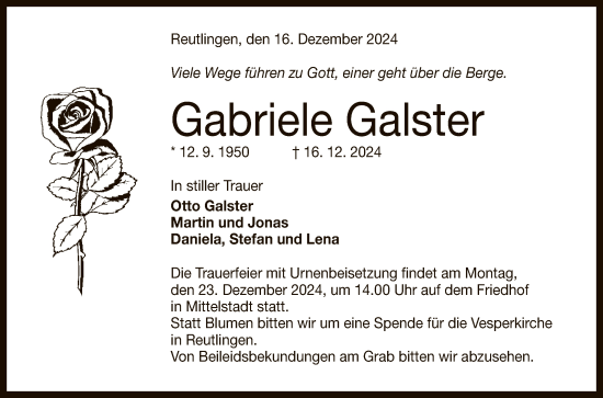 Anzeige von Gabriele Galster von Reutlinger General-Anzeiger