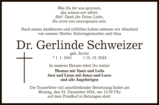 Anzeige von Gerlinde Schweizer von Reutlinger General-Anzeiger