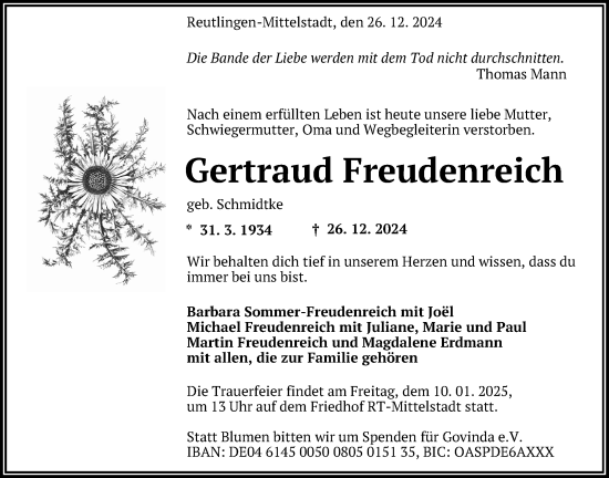 Anzeige von Gertraud Freudenreich von Reutlinger General-Anzeiger