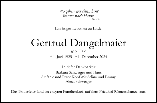 Anzeige von Gertrud Dangelmaier von Reutlinger General-Anzeiger