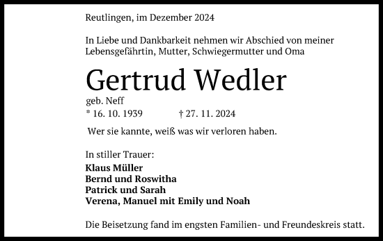 Anzeige von Gertrud Wedler von Reutlinger General-Anzeiger