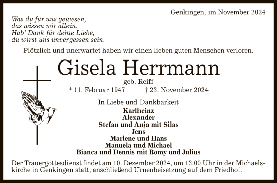 Anzeige von Gisela Herrmann von Reutlinger General-Anzeiger