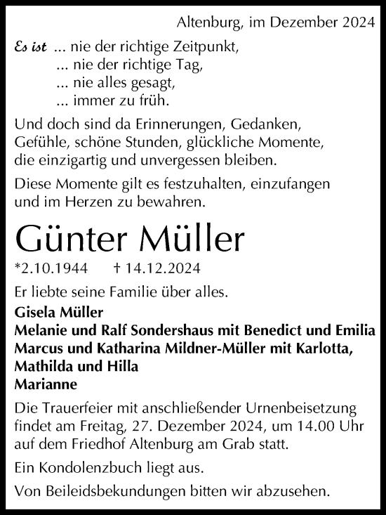 Anzeige von Günter Müller von Reutlinger General-Anzeiger