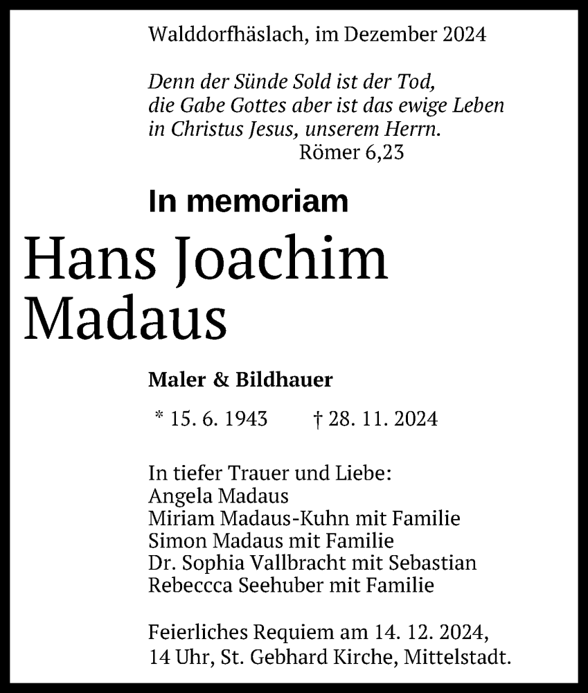  Traueranzeige für Hans Joachim Madaus vom 06.12.2024 aus Reutlinger General-Anzeiger