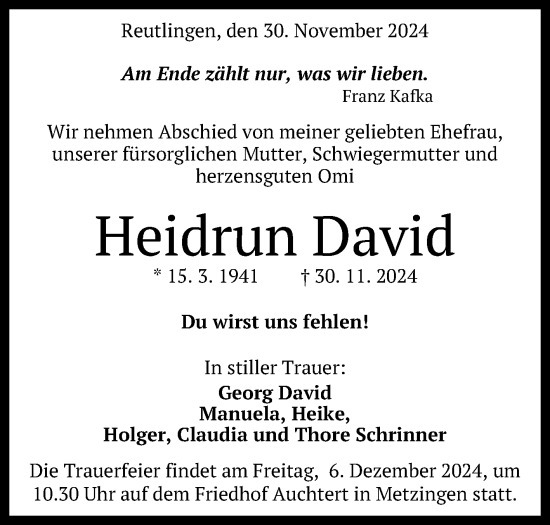 Anzeige von Heidrun David von Reutlinger General-Anzeiger