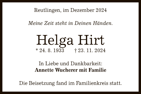 Anzeige von Helga Hirt von Reutlinger General-Anzeiger