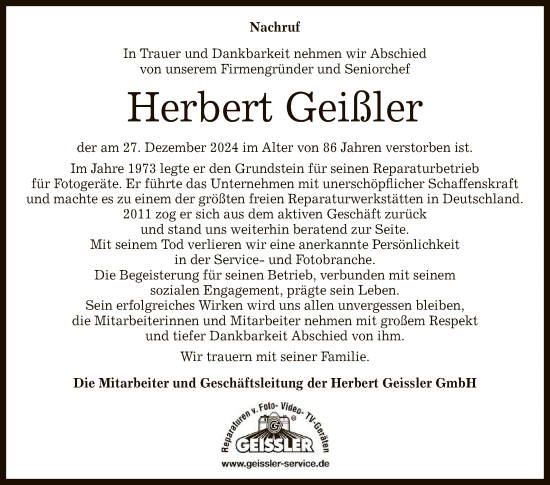 Anzeige von Herbert Geißler von Reutlinger General-Anzeiger