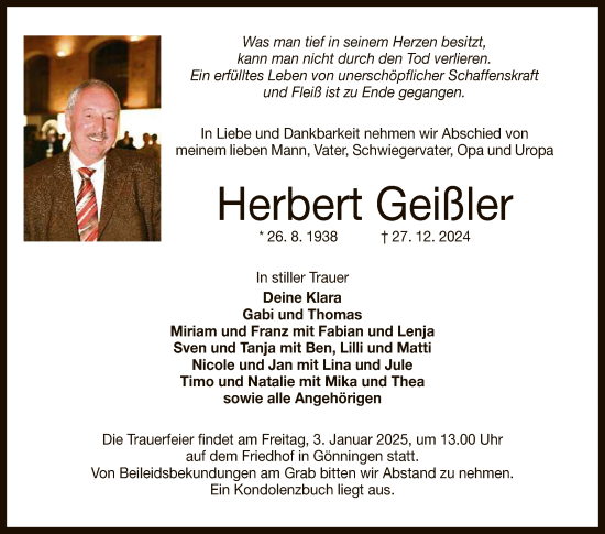 Anzeige von Herbert Geißler von Reutlinger General-Anzeiger