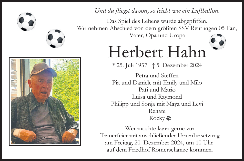  Traueranzeige für Herbert Hahn vom 07.12.2024 aus Reutlinger General-Anzeiger