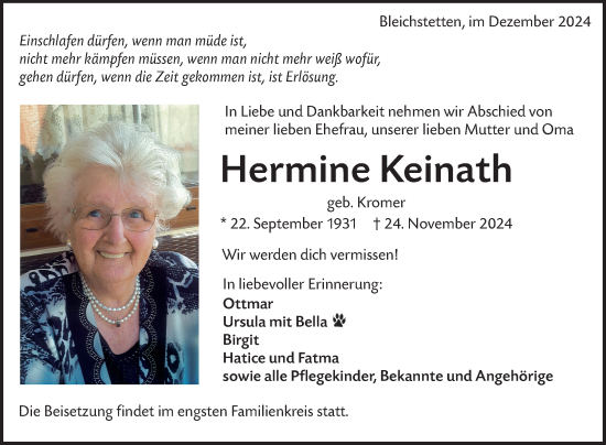 Anzeige von Hermine Keinath von Reutlinger General-Anzeiger