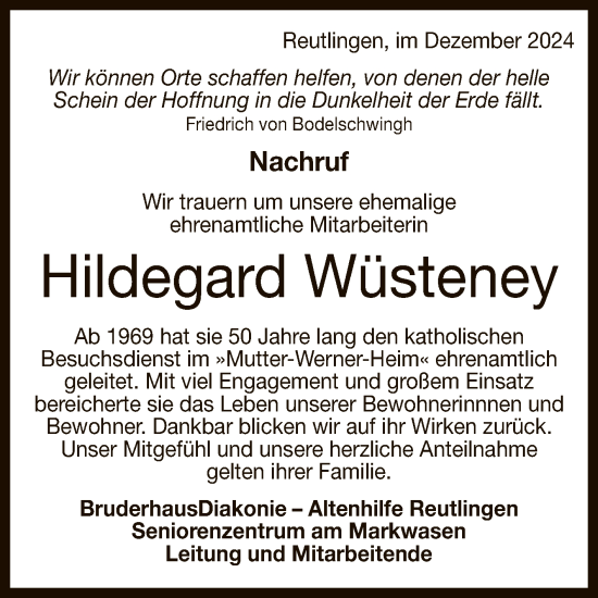 Anzeige von Hildegard Wüsteney von Reutlinger General-Anzeiger