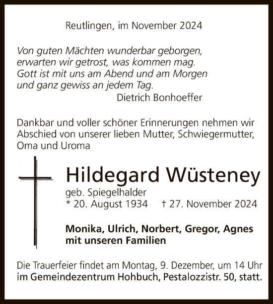 Anzeige von Hildegard Wüsteney von Reutlinger General-Anzeiger