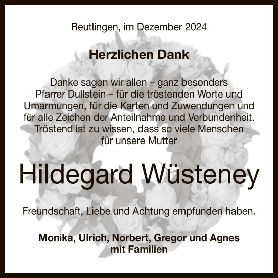 Anzeige von Hildegard Wüsteney von Reutlinger General-Anzeiger