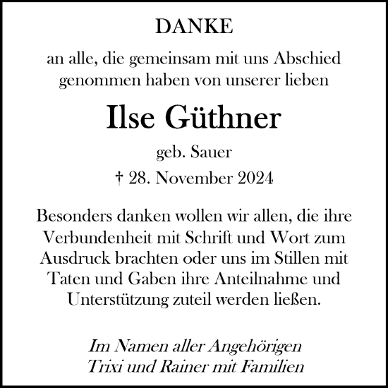 Anzeige von Ilse Güthner von Reutlinger General-Anzeiger