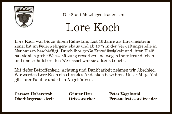 Anzeige von Lore Koch von Reutlinger General-Anzeiger