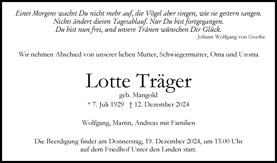 Anzeige von Lotte Träger von Reutlinger General-Anzeiger