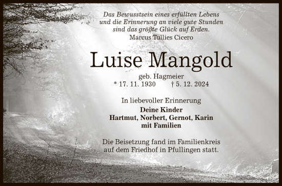 Anzeige von Luise Mangold von Reutlinger General-Anzeiger