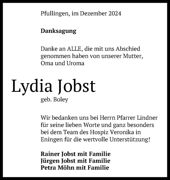 Anzeige von Lydia Jobst von Reutlinger General-Anzeiger