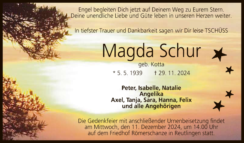  Traueranzeige für Magda Schur vom 04.12.2024 aus Reutlinger General-Anzeiger