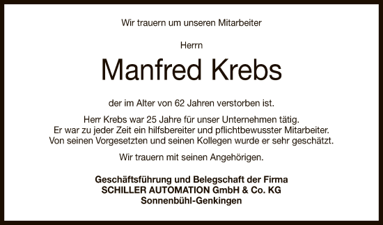 Anzeige von Manfred Krebs von Reutlinger General-Anzeiger