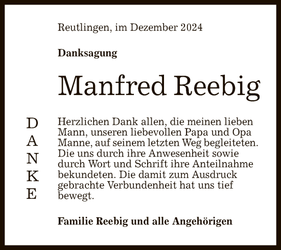 Anzeige von Manfred Reebig von Reutlinger General-Anzeiger