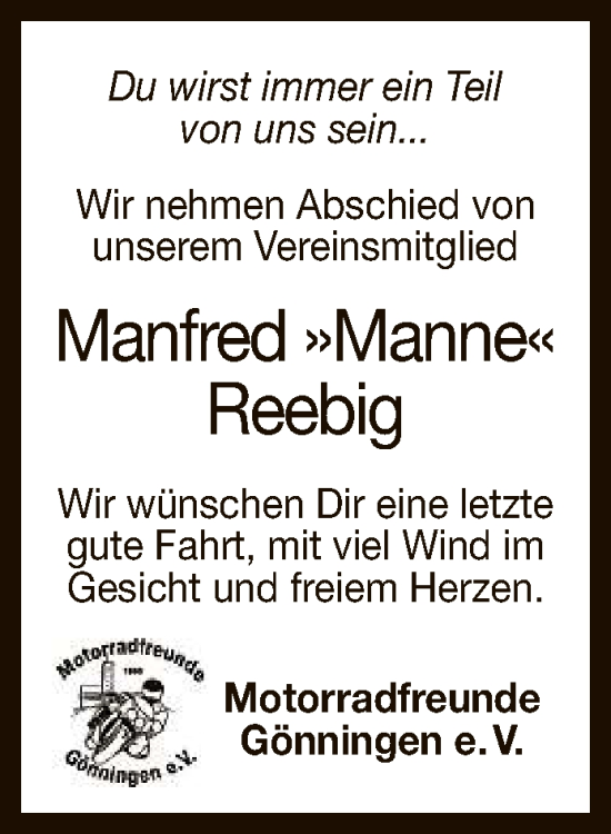 Anzeige von Manfred Reebig von Reutlinger General-Anzeiger