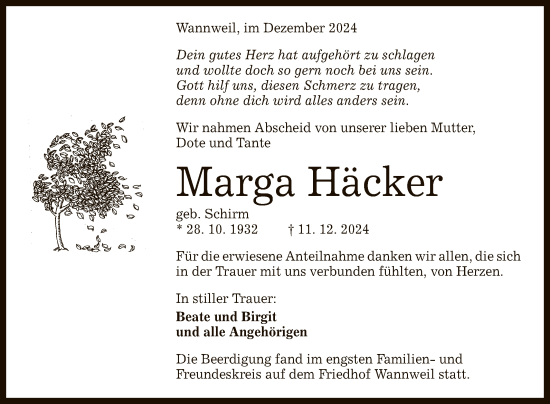 Anzeige von Marga Häcker von Reutlinger General-Anzeiger