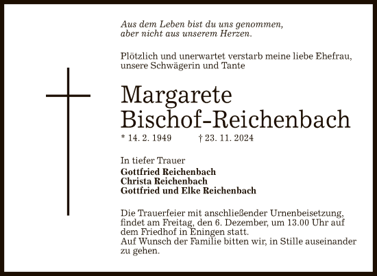 Anzeige von Margarete Bischof-Reichenbach von Reutlinger General-Anzeiger