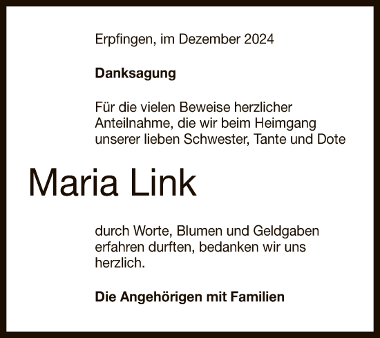 Anzeige von Maria Link von Reutlinger General-Anzeiger