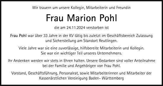 Anzeige von Marion Pohl von Reutlinger General-Anzeiger