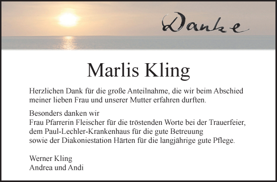 Anzeige von Marlis Kling von Reutlinger General-Anzeiger