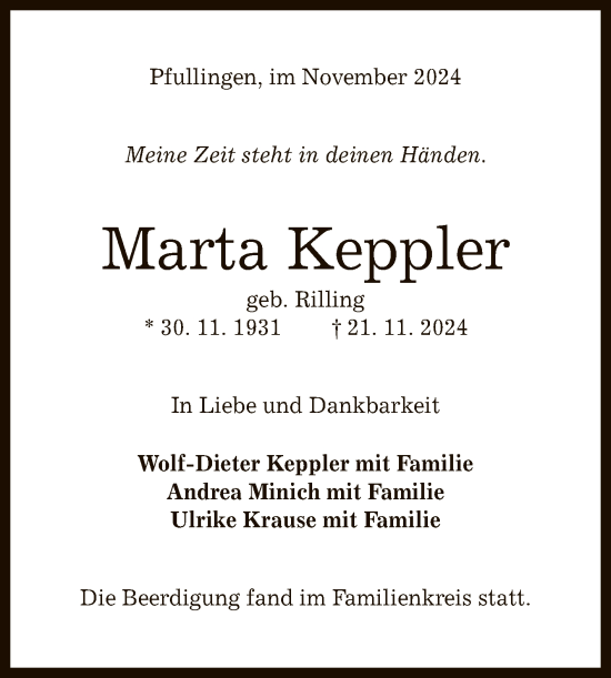 Anzeige von Marta Keppler von Reutlinger General-Anzeiger