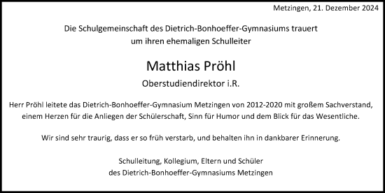 Anzeige von Matthias Pröhl von Reutlinger General-Anzeiger