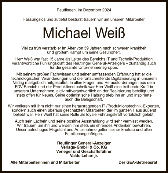 Anzeige von Michael Weiß von Reutlinger General-Anzeiger