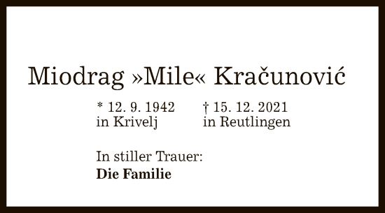 Anzeige von Miodrag  Kracunovic von Reutlinger General-Anzeiger