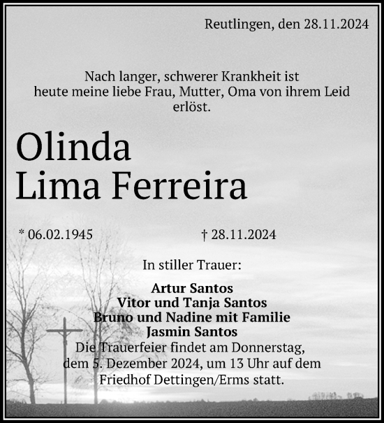 Anzeige von Olinda Lima Ferreira von Reutlinger General-Anzeiger