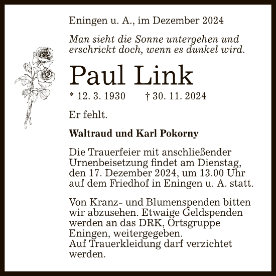 Anzeige von Paul Link von Reutlinger General-Anzeiger