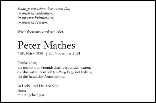 Anzeige von Peter Mathes von Reutlinger General-Anzeiger