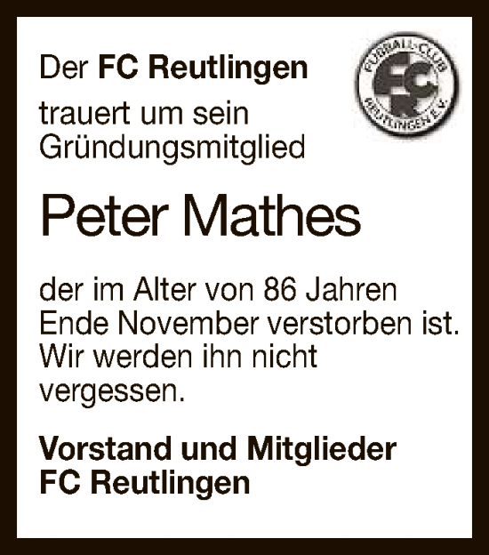 Anzeige von Peter Mathes von Reutlinger General-Anzeiger